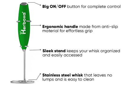 Herboxa Electric Mini Whisk with big ON/OFF button, ergonomic handle and a sleek stand. Made from stainless steel.