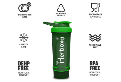 Herboxa Shaker Bottle - Dishwasher safe, recyclable product, food grade approved, freezer safe, microwave safe, DEHP and BPA-free