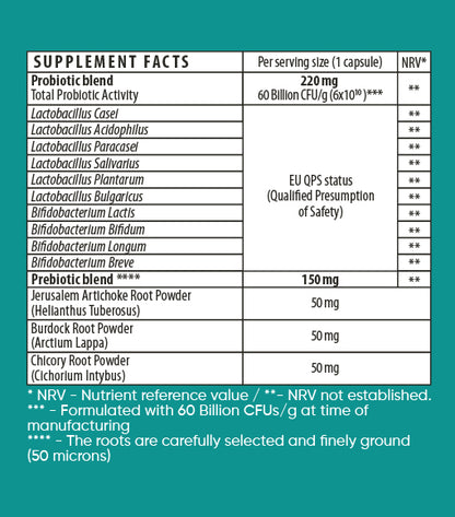 Herboxa Probiotic supplement facts label